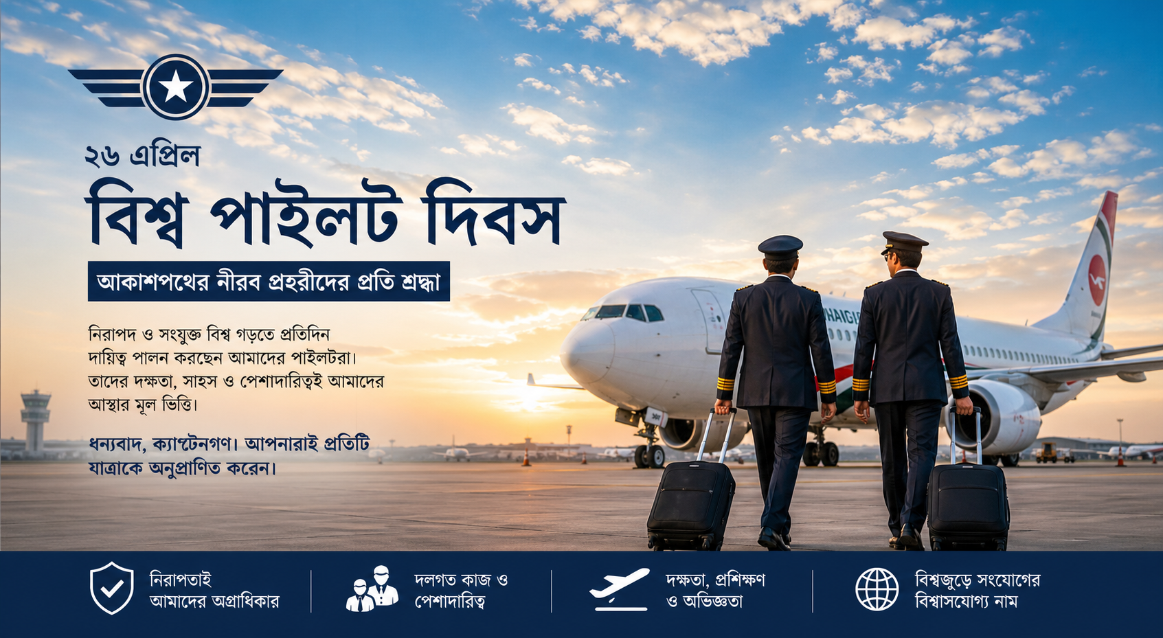 বিশ্ব পাইলট দিবস ২০২৬: আকাশপথের নীরব প্রহরীদের সম্মানে বিশ্বজুড়ে শ্রদ্ধা ও নিরাপত্তা বার্তা